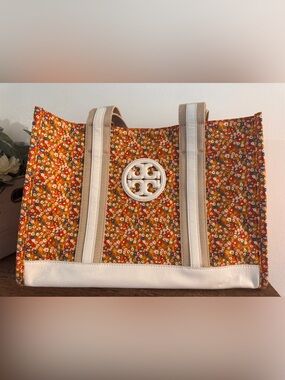 Tory Burch Shiseido Orange Floral Canvas Tote NWOT